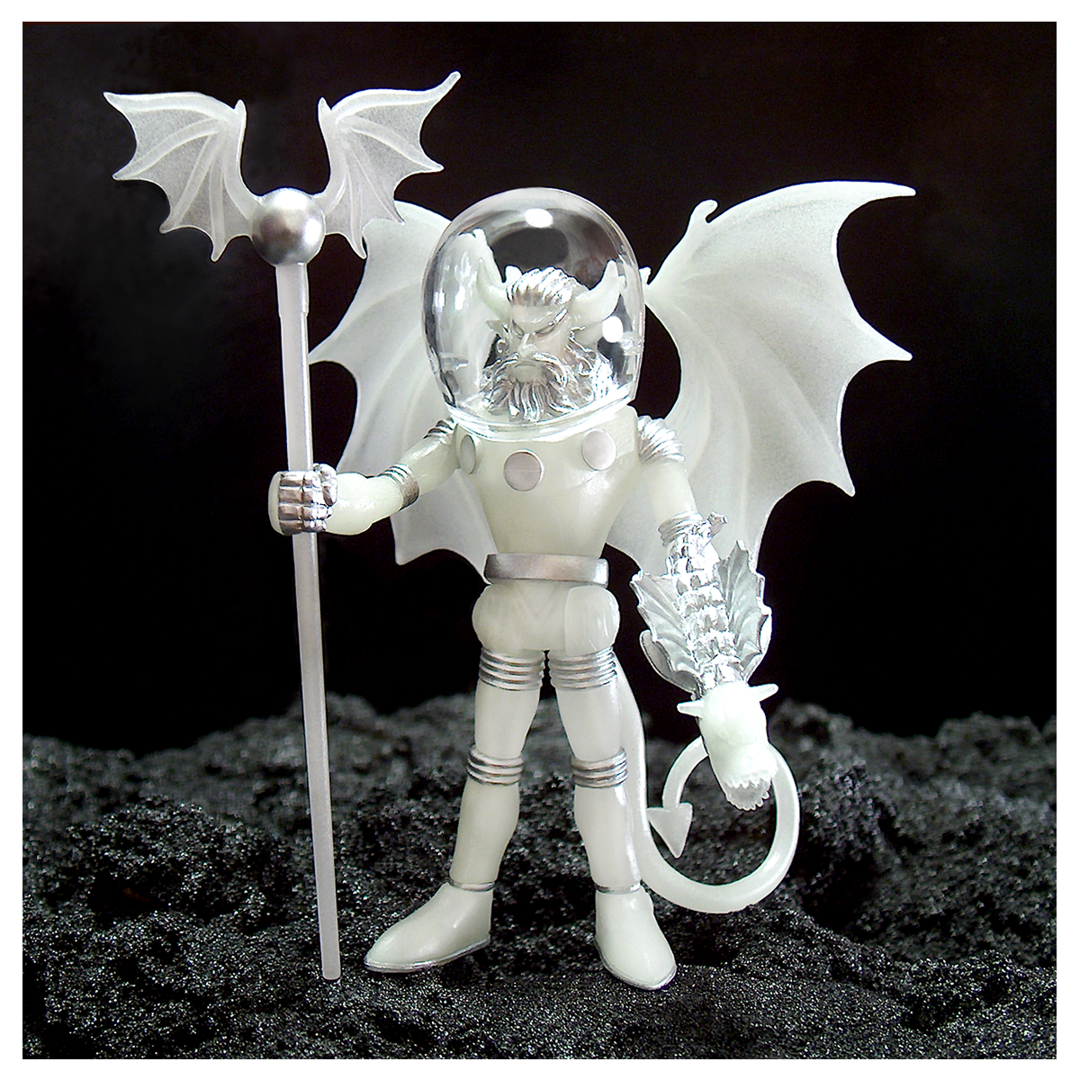 A white MYSTRON COSMIC RADIATION action figure holding a bat and a sword.