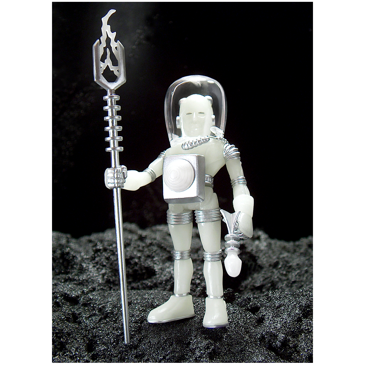 A white ELECTRON+ COSMIC RADIATION figure holding a spear on a rock.