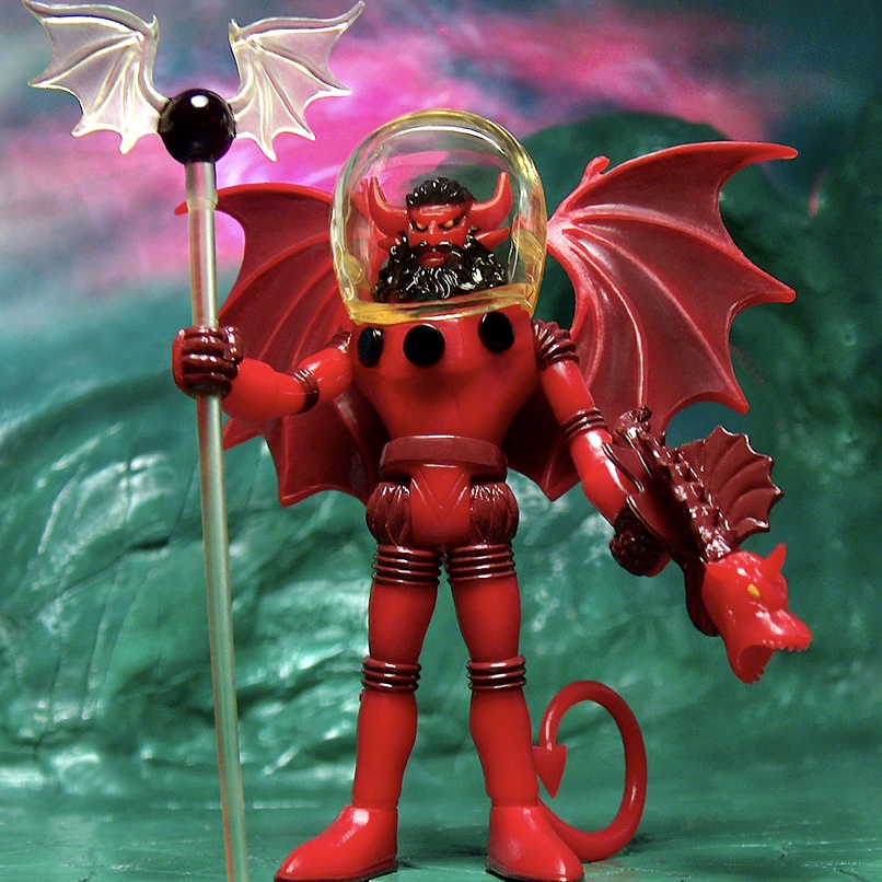 A red MYSTRON 2016 DEMONULA ONELL COSMIC CREATOR EXCLUSIVE LIMITED EDITION action figure with wings and a sword.