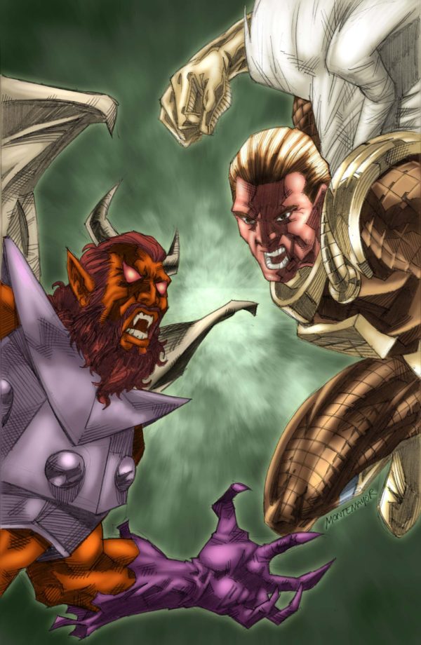 A comic with THE OUTER SPACE MEN GRAPHIC NOVEL two demons fighting each other.