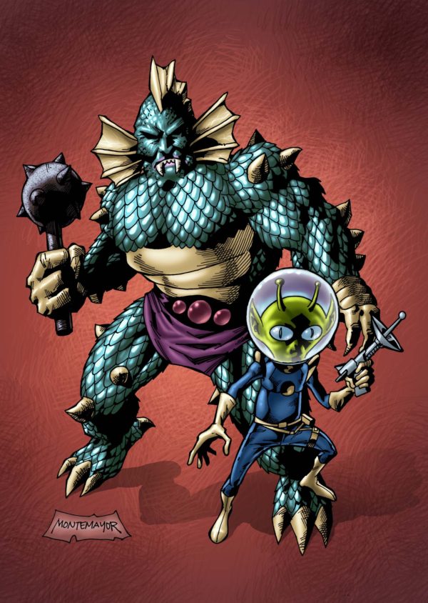 A cartoon of THE OUTER SPACE MEN GRAPHIC NOVEL featuring a monster and a man holding a sword.
