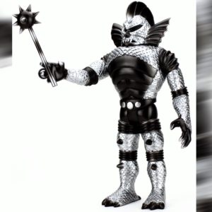 A Colossus Rex 12" silver and black deluxe colorway vinyl figure holding a sword.