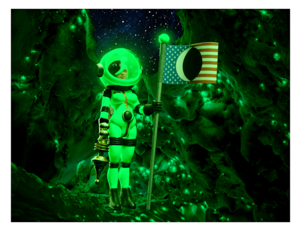 A green astronaut holding an american flag in a cave.