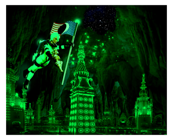 A man in a green costume is flying in front of the LUNA ECLIPSE THE WOMAN FROM THE DARK SIDE OF THE MOON GITD castle.
