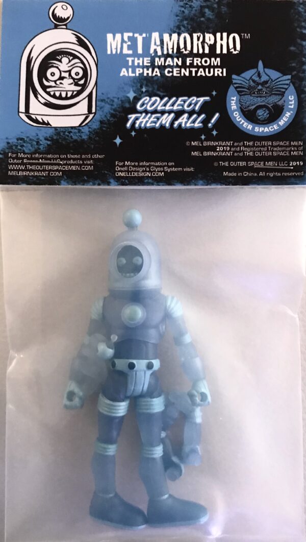 A blue action figure in a package.