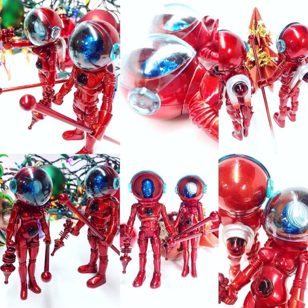 A series of pictures of red 2019 GALACTIC HOLIDAY EDITION TOPHEROY toys with a christmas tree in the background.