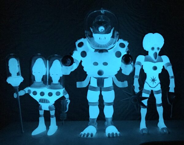 A group of 2020 Cyclops Bluestar Edition glow in the dark figures.