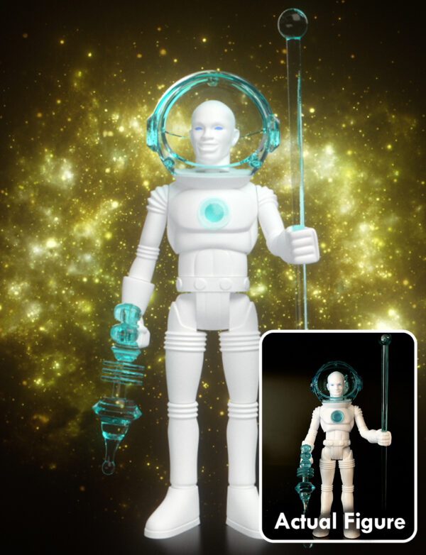 An action figure of a spaceman holding the MAXIMILIAN GRAVITY White Star-NFT.