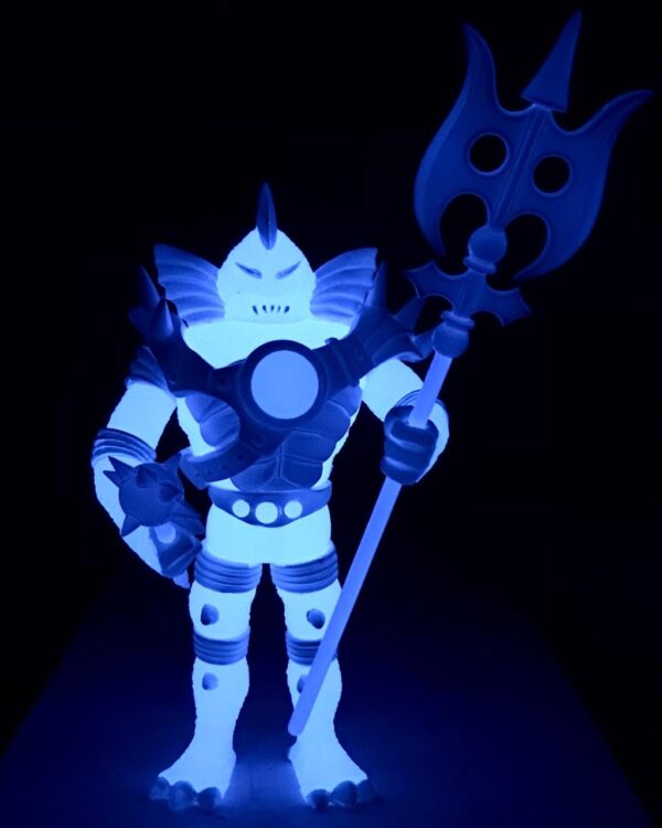 A 2022 COLOSSUS REX BLUESTAR EDITION statue of a man holding a spear in the dark, set against the backdrop of a lunar eclipse.