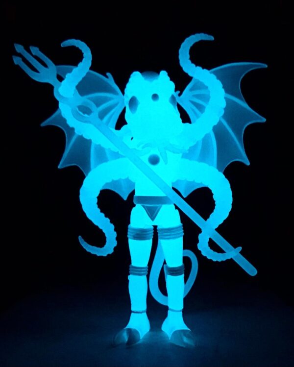 A luminous figure of an octopus, illuminated by the ethereal glow of a 2022 CTHULHU NAUTILUS BLUESTAR EDITION, majestically wields a sword.