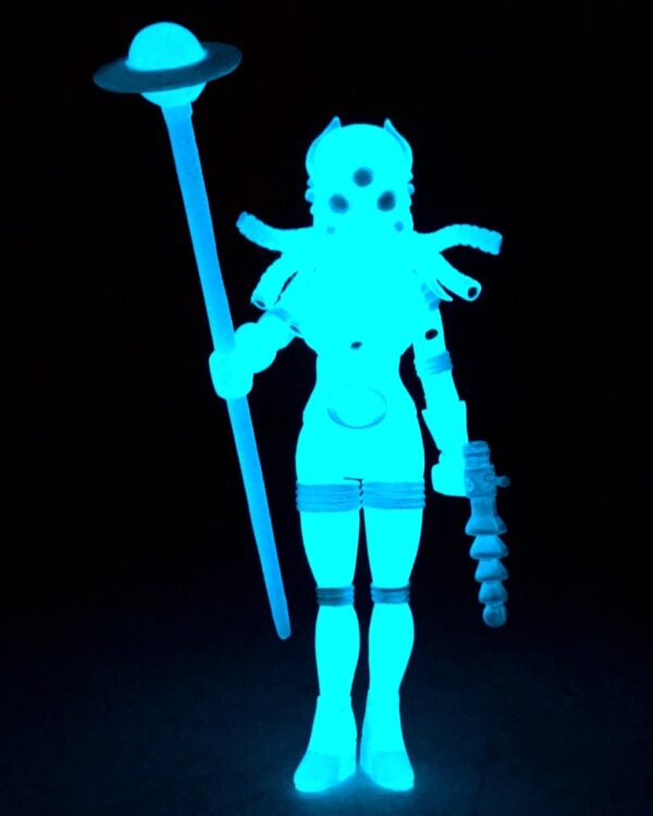 A 2022 HORROSCOPE BLUESTAR EDITION-inspired blue glow in the dark figure holding a sword, emphasizing its celestial aura.