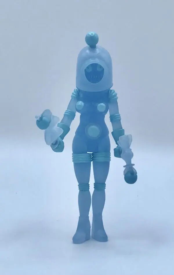 A 2023 OHPROMATEM BLUESTAR toy figure, named Luna, is holding a bottle of water during an eclipse.