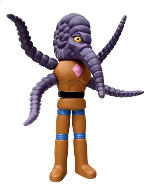 A toy figure of a purple octopus.