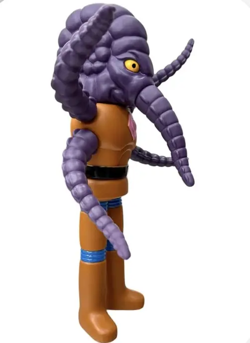 A purple toy figure with a purple body.