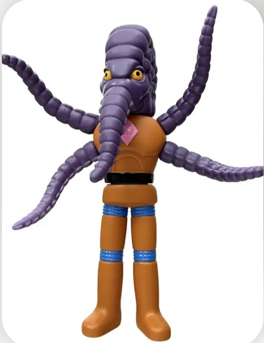 A purple octopus figure is standing in front of a white background.